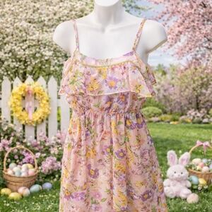 Truly Me Pink Floral Ruffle Chiffon Sundress Spaghetti Strap Boho Dress NWT